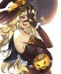  1girl bare_shoulders belt black_gloves blonde_hair bow breasts candy circlet covering_one_eye dress elbow_gloves fire_emblem fire_emblem_fates fishnet_fabric food gloves grey_eyes halloween_basket halloween_costume hat highres jack-o&#039;-lantern long_hair medium_breasts open_mouth ophelia_(fire_emblem) orange_bow ritence simple_background smile solo sparkle strapless strapless_dress twitter_username upper_body white_background witch_costume witch_hat 