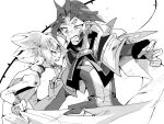  2boys anger_vein angry clenched_teeth greyscale highres jacket looking_at_another middle_finger monochrome multicolored_hair multiple_boys open_mouth shiun&#039;in_sora speed_lines spiky_hair tasutekete taunting teeth tongue tongue_out two-tone_hair white_background yu-gi-oh! yu-gi-oh!_arc-v yuuri_(yuu-gi-ou_arc-v) 