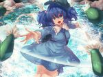  1girl backpack bag blue_eyes blue_hair breasts hair_bobbles hair_ornament hat highres ibuki_notsu kawashiro_nitori large_breasts long_sleeves missile open_mouth outstretched_arms shirt skirt smile solo touhou two_side_up water 