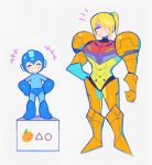  1boy 1girl adult blonde_hair blush box capcom child closed_eyes denaseey eyebrows_visible_through_hair hair_over_one_eye height_difference highres laughing megaman megaman_(game) metroid nintendo nintendo_ead open_mouth ponytail retro_studios rockman rockman_(character) rockman_(classic) samus_aran simple_background smile sora_(company) standing standing_on_object super_smash_bros. white_background 