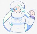  1girl blue_eyes denaseey earrings fur_hat green_hair green_nails hat jewelry long_hair long_sleeves melony_(pokemon) multicolored_hair one_eye_closed parted_lips pokemon pokemon_(game) pokemon_swsh ring scarf simple_background smile solo streaked_hair white_background white_headwear white_scarf 