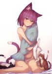  1girl :/ absurdres animal_ear_fluff animal_ears bangs bare_legs barefoot blush brown_eyes cat cat_ears cat_tail closed_mouth collarbone doll_hug green_eyes hair_ornament hair_ribbon head_tilt heterochromia highres ibuki_notsu looking_at_viewer navel object_hug original panties photoshop_(medium) purple_hair red_ribbon ribbon short_hair sitting solo stuffed_animal stuffed_fish stuffed_toy tail topless tress_ribbon underwear underwear_only violet_eyes wariza white_background white_panties x_hair_ornament 