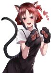  1girl absurdres alternate_hair_color animal_ears art_rat bangs black_dress blush brown_hair cat_ears cat_tail commentary_request cowboy_shot dress fake_animal_ears fake_tail folded_ponytail gloves hair_ribbon heart highres kaguya-sama_wa_kokurasetai_~tensai-tachi_no_renai_zunousen~ looking_at_viewer open_mouth parted_bangs paw_gloves paws red_eyes red_ribbon redhead ribbon school_uniform shinomiya_kaguya shirt short_hair short_sleeves shuuchiin_academy_uniform sidelocks smile solo tail upper_teeth white_background white_shirt 