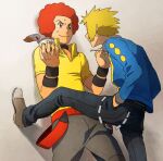  2boys afro belt black_choker black_pants blonde_hair blue_jacket brown_footwear choker closed_mouth commentary_request fingernails flint_(pokemon) hand_in_pocket holding holding_spoon jacket long_sleeves looking_at_another male_focus multiple_boys pants pokemon pokemon_(game) pokemon_dppt pokipoki redhead shirt shoes spoon sweat volkner_(pokemon) wall_slam yellow_shirt 