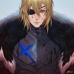  1boy armor artist_name bangs black_eyepatch blonde_hair blood blood_on_face closed_mouth dimitri_alexandre_blaiddyd eyepatch fire_emblem fire_emblem:_three_houses fur grey_background grey_eyes hair_between_eyes highres lavelis lips looking_at_viewer male_focus plate_armor short_hair simple_background solo upper_body 