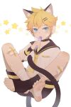  1boy absurdres animal_ears bandages barefoot blonde_hair blue_eyes cat_boy cat_ears cat_tail feet full_body hair_ornament hairclip highres kagamine_len looking_at_viewer luye_yuan male_focus sailor_collar siblings simple_background solo star_(symbol) tail twins vocaloid white_background 
