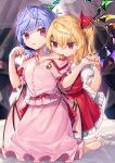  2girls ankle_socks arms_up bangs bat_wings biting blonde_hair blood blood_sucking bloody_clothes blue_hair blurry blurry_background brooch collarbone commentary_request cross curtains depth_of_field eyebrows_visible_through_hair fang fang_out fingernails flandre_scarlet gunjou_row hair_ribbon hand_on_another&#039;s_shoulder highres holding_hands jewelry kneeling looking_at_viewer looking_down multiple_girls nail_polish no_headwear off-shoulder_shirt off_shoulder on_bed one_side_up parted_lips partial_commentary pink_shirt pink_skirt pink_wings pointy_ears puffy_short_sleeves puffy_sleeves red_eyes red_nails red_skirt red_vest remilia_scarlet ribbon sash sharp_fingernails shirt short_hair short_sleeves siblings sisters skirt slit_pupils sweatdrop touhou twitter_username vampire vest white_legwear white_shirt window wings 
