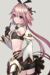  1boy absurdres ass astolfo_(fate) astolfo_(saber)_(fate) bangs black_bow black_gloves black_neckwear black_ribbon black_skirt blush bow bowtie darutanyan1023 fate/grand_order fate_(series) from_behind gloves hair_intakes highres long_hair long_sleeves looking_at_viewer low_twintails male_focus midriff multicolored_hair otoko_no_ko pink_hair ribbon skirt smile streaked_hair twintails violet_eyes white_hair 