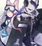  1boy 1girl animal_ear_fluff animal_ears arknights bangs black_gloves black_jacket cardigan_(arknights) commentary_request cowboy_shot dog_ears eyebrows_visible_through_hair fingerless_gloves furry gloves goggles goggles_on_head hair_between_eyes holding holding_shield jacket long_hair looking_at_viewer open_mouth sasa_onigiri shield smile spot_(arknights) violet_eyes 