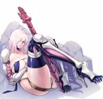  1girl bare_shoulders belt black_choker blue_legwear choker collarbone covered_nipples hair_over_one_eye high_heels highres long_hair looking_at_viewer lying mad_chimera_world mechanical_arm parted_lips pink_eyes pink_hair pink_lips rock shiny shiny_skin simple_background solo sword thigh-highs usagi_(mad_chimera_world) w_techo300 weapon white_background 