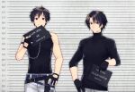  2boys bangs bare_shoulders belt black_gloves black_hair black_shirt blue_belt chain closed_mouth commentary_request covered_collarbone covered_navel cutout_gloves gloves hand_on_hip height_difference hira_(daphne) holding long_sleeves looking_at_viewer male_focus mole mole_under_eye multiple_boys original pants red_eyes shirt shirt_tucked_in short_hair sleeveless sleeveless_shirt smile upper_body white_pants 
