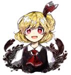  +_+ 1girl black_vest blonde_hair commentary_request cravat cropped_torso darkness fangs hair_ribbon hiroshige_36 looking_at_viewer open_mouth red_eyes red_neckwear red_ribbon ribbon rumia shirt short_hair simple_background skin_fangs smile solo touhou upper_body vest white_background white_shirt 