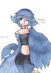  absurdres animal_ears bare_shoulders bird_ears bird_tail bird_wings blue_eyes blue_feathers blue_hair choker english_text eyebrows_visible_through_hair feathered_wings feathers grey_eyes harpy highres midriff monster_girl navel one_eye_closed open_mouth original rnd.jpg skirt thumbs_up wings 