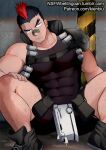  1boy armor ass_visible_through_thighs bandaid bandaid_on_nose bara black_hair black_shorts black_tank_top bulge chest chest_harness convenient_censoring covered_abs covered_navel covered_nipples facial_hair feet_out_of_frame harness kienbiu kill_la_kill kinagase_tsumugu male_focus mohawk multicolored_hair muscle patreon_username pauldrons shoes short_hair shorts shoulder_armor sideburns skin_tight solo spread_legs stubble tank_top thick_thighs thighs torn_clothes torn_shorts two-tone_hair 