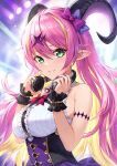  1girl arm_strap asymmetrical_horns bare_shoulders blonde_hair blush bow breasts chest_harness colored_inner_hair curled_horns demon_horns dress green_eyes guchico hair_between_eyes hair_bow hair_ornament harness headphones headphones_around_neck holding holding_headphones hololive horns large_breasts long_hair looking_at_viewer mano_aloe multicolored_hair nail_polish official_art pink_hair pointy_ears purple_nails skull sleeveless sleeveless_dress smile solo streaked_hair two-tone_hair virtual_youtuber wrist_cuffs 