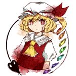  1girl blonde_hair blood blood_on_face bright_pupils commentary_request cropped_torso crystal flandre_scarlet hat hat_ribbon hiroshige_36 laevatein looking_at_viewer mob_cap red_eyes red_ribbon red_vest ribbon shirt short_hair short_sleeves side_ponytail solo touhou upper_body vest white_background white_headwear white_pupils white_shirt wings yellow_neckwear 