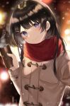 1girl bangs black_hair blue_eyes blurry blurry_background blush brown_jacket can closed_mouth commentary depth_of_field enpera eyebrows_visible_through_hair hair_ornament hairclip hand_up head_tilt highres holding holding_can jacket kanniiepan long_hair long_sleeves looking_at_viewer nijisanji red_scarf scarf smile solo tsukino_mito upper_body virtual_youtuber 