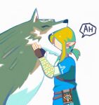  1boy blonde_hair blue_shirt brown_gloves denaseey earrings fingerless_gloves gloves jewelry link long_sleeves pointy_ears ponytail sheikah_slate shirt short_over_long_sleeves short_ponytail short_sleeves simple_background speech_bubble the_legend_of_zelda the_legend_of_zelda:_breath_of_the_wild upper_body white_background wolf 