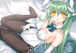  1girl alternate_costume black_legwear bow breasts detached_collar dragon_girl dragon_horns elbow_gloves fate/grand_order fate_(series) fishnet_legwear fishnets gloves green_hair hair_bow horns kiyohime_(fate/grand_order) large_breasts long_hair morizono_shiki multiple_horns no_shoes pantyhose playboy_bunny ponytail solo thigh-highs white_gloves yellow_eyes 