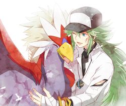  1boy aqua_eyes bangs baseball_cap braviary commentary_request gen_5_pokemon green_hair hair_between_eyes hand_wraps hat injury jewelry long_hair n_(pokemon) necklace one_eye_closed open_mouth orb pokemon pokemon_(anime) pokemon_(creature) pokemon_bw_(anime) rakuokura shirt sidelocks smile tongue torn_clothes torn_shirt white_shirt 