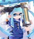  1girl bangs black_headband blue_eyes blue_hair blue_shirt blunt_bangs blunt_ends closed_mouth commentary domino_mask english_text headband highres holding holding_weapon hood hood_down hoodie ink_tank_(splatoon) inkling long_hair looking_at_viewer mask n6_6m paint_splatter pointy_ears shirt smile solo sparkle splatoon_(series) splatoon_2 standing striped striped_shirt tentacle_hair twitter_username weapon 