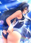  1girl armpits ass black_hair blue_sky blush commentary_request competition_school_swimsuit competition_swimsuit day etsunami_kumita from_behind green_eyes highres i-47_(kantai_collection) kantai_collection long_hair looking_at_viewer looking_to_the_side mole mole_on_ass one-piece_swimsuit open_mouth outdoors school_swimsuit sidelocks sky solo swimsuit swimsuit_pull thighs torn_clothes torn_swimsuit 