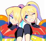  1girl blonde_hair blue_eyes denaseey dual_persona eyebrows_visible_through_hair eyeshadow hair_over_one_eye makeup metroid mole mole_under_mouth one_eye_closed open_mouth ponytail samus_aran short_sleeves simple_background smile white_background 