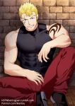  1boy bara bare_arms bare_shoulders blonde_hair chest covered_abs elbow_rest fairy_tail feet_out_of_frame kienbiu laxus_dreyar leg_up male_focus muscle pants patreon_username red_pants shirt short_hair shoulder_tattoo sleeveless sleeveless_shirt solo spiky_hair tattoo taut_clothes taut_shirt 