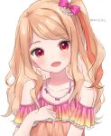  1girl :d aikatsu!_(series) aikatsu_stars! anz32 bangs bare_shoulders blush bow brown_dress brown_hair collarbone commentary_request dress eyebrows_visible_through_hair frilled_dress frills hair_bow hand_up head_tilt jewelry kasumi_mahiru looking_at_viewer multicolored_hair necklace off-shoulder_dress off_shoulder one_side_up open_mouth orange_hair pearl_necklace purple_bow red_eyes simple_background smile solo streaked_hair swept_bangs twitter_username upper_body white_background 