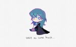  1girl aqua_hair black_cape blue_eyes blush byleth_(fire_emblem) byleth_eisner_(female) cape denaseey english_text fire_emblem fire_emblem:_three_houses from_behind long_hair looking_at_viewer looking_back purple_outline simple_background solo tears white_background 
