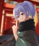  1girl bangs black_scarf blurry blurry_background blush commentary_request copyright_request depth_of_field eyebrows_visible_through_hair green_kimono grin hair_between_eyes hand_up highres index_finger_raised japanese_clothes kimono long_sleeves looking_at_viewer multiple_torii ponytail purple_hair red_eyes sakura_chiyo_(konachi000) scarf signature smile solo torii upper_body virtual_youtuber wide_sleeves 