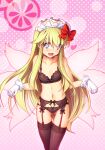  1girl :d ass_visible_through_thighs bangs bare_shoulders black_bra black_garter_belt black_legwear black_panties blonde_hair blue_eyes blush bow bow_bra bow_panties bra breasts chima_q collarbone covered_nipples eyebrows_visible_through_hair eyes_visible_through_hair garter_belt gloves gradient gradient_background hair_between_eyes hair_bow heart heart-shaped_pupils highres lily_white lingerie long_hair looking_at_viewer maid_headdress navel open_mouth panties pink_background polka_dot polka_dot_background red_bow simple_background small_breasts smile solo stomach symbol-shaped_pupils thigh-highs thigh_gap touhou underwear underwear_only very_long_hair white_gloves 