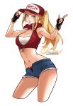  arms_up baseball_cap black_gloves blonde_hair blue_shorts bracelet crop_top cropped_legs dated fatal_fury fatal_fury_cap fingerless_gloves genderswap genderswap_(mtf) gloves hat jewelry long_hair na_young_lee parted_lips ponytail short_shorts shorts signature smile snk snk_heroines:_tag_team_frenzy terry_bogard the_king_of_fighters watermark web_address zipper zipper_pull_tab 