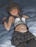  1girl adapted_costume animal_ears blush breasts brown_hair crop_top ergot fake_animal_ears fubuki_(kantai_collection) green_eyes kantai_collection lying medium_breasts medium_hair navel on_back on_bed pantyhose parted_lips rabbit_ears short_ponytail sidelocks sleeveless smile solo wrist_cuffs 