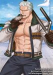  1boy abs bare_chest belt chest cigar contrapposto denim facial_hair grey_eyes jacket jeans kienbiu male_focus muscle navel one_piece open_clothes open_jacket over_shoulder pants short_hair sideburns smoker_(one_piece) smoking solo stubble weapon weapon_over_shoulder white_hair 