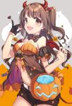  1girl belt brown_camisole brown_hair camisole candy demon_horns demon_wings detached_collar detached_sleeves eskimofox facing_to_the_side fang food gloves halloween halloween_basket heart highres horns idolmaster idolmaster_cinderella_girls lollipop looking_at_viewer midriff open_mouth orange_camisole orange_eyes shimamura_uzuki shorts side_ponytail single_glove solo standing upper_body white_belt wings 