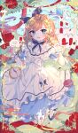  1girl absurdres alice_(wonderland) alice_in_wonderland blonde_hair blue_eyes braid dress fang highres huge_filesize jumping looking_to_the_side mole mole_under_mouth open_mouth solo twin_braids white_dress wine_(2148_wine) 