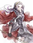  1girl armor axe bangs breasts edelgard_von_hresvelg fire_emblem fire_emblem:_three_houses fire_emblem_warriors:_three_hopes gloves highres long_hair looking_at_viewer ribbon senano-yu simple_background solo violet_eyes weapon white_background white_hair 