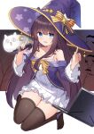  1girl :d absurdres azur_lane bangs bare_shoulders bat black_legwear blue_eyes blunt_bangs blush breasts brown_hair collarbone computer dress english_commentary eyebrows_visible_through_hair frilled_sleeves frills full_body ghost halloween halloween_costume hat highres holding holding_microphone jacket laptop long_hair long_island_(azur_lane) long_island_(ghost&#039;s_halloween_live_broadcast)_(azur_lane) long_sleeves looking_at_viewer medium_breasts microphone no_shoes official_alternate_costume open_mouth purple_headwear purple_jacket sidelocks sitting skindentation sleeveless sleeveless_dress smile solo star starry_background t@ke-g thigh-highs thigh_gap very_long_hair wariza white_dress witch_hat zettai_ryouiki 