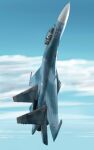  1boy aircraft airplane clouds fighter_jet flying from_side highres jet military military_vehicle original sky soichi_nagayuki su-27 vehicle_focus 