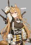  1girl animal_ears arknights breasts ceobe_(arknights) character_name dog_ears dog_tail grey_background highres large_breasts light_brown_hair long_hair oripathy_lesion_(arknights) pink_eyes skss tail weapon weapon_on_back 