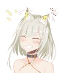  1girl ^_^ absurdres animal_ear_fluff animal_ears arknights bangs bare_shoulders blush cat_ears choker closed_eyes collarbone commentary_request criss-cross_halter eyebrows_visible_through_hair grin halterneck highres kal&#039;tsit_(arknights) ochazukeakino portrait short_hair silver_hair simple_background smile solo translation_request white_background 
