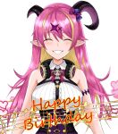  1girl arm_strap arms_behind_back asymmetrical_horns bangs bare_shoulders birthday blonde_hair bow bowtie breasts chest_harness commentary demon_girl demon_horns eyebrows_visible_through_hair facing_viewer happy_birthday harness highres hololive horns looking_at_viewer mano_aloe smile solo vik_(xypt7474) virtual_youtuber 