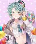  1boy ahoge candy closed_mouth collarbone crop_top eyebrows_visible_through_hair food green_eyes green_hair hair_ornament hairclip hat hat_pin holding holostars jacket kagami_kira long_sleeves looking_at_viewer male_focus messy_hair midriff navel otoko_no_ko pom_pom_(clothes) skirt smile solo tomikoao upper_body virtual_youtuber 