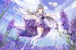  1girl absurdres blush breasts clouds dress floating_hair flower gloves green_eyes grey_hair hair_rings highres long_hair luo_tianyi open_mouth sky smile thigh-highs twintails very_long_hair vocaloid vsinger white_legwear 