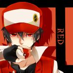  1boy badge bangs black_hair black_shirt character_name commentary_request fingerless_gloves gloves hair_between_eyes hajime holding holding_poke_ball jacket looking_at_viewer male_focus pixiv_red poke_ball poke_ball_(basic) pokemon pokemon_(game) red_eyes shirt solo upper_body 