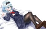  1girl blue_eyes blush choker hair_ornament hairband hairclip highres loafers long_sleeves lying on_back on_bed pantyhose pillow pleated_skirt ryuuou_no_oshigoto! seojinhui shoes short_hair skirt sora_ginko 