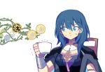  1girl blue_eyes byleth_(fire_emblem) byleth_eisner_(female) cup denaseey eyebrows_visible_through_hair fire_emblem fire_emblem:_three_houses holding holding_cup plant simple_background solo sweatdrop upper_body vines white_background 