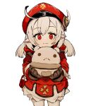  1girl brown_gloves character_request closed_mouth cowboy_shot ddari genshin_impact gloves hat highres holding jacket looking_at_viewer pointy_ears red_eyes red_headwear red_jacket simple_background smile solo standing twintails white_background white_hair 