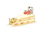  animal bird cake cake_slice chai commentary_request eating food fruit highres original signature sitting_on_food smile strawberry tiger undersized_animal white_background white_tiger 